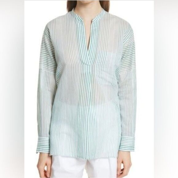 Vince Pencil Stripe Cotton & Silk Tunic In Malachite Popover Tunic Sheer XS - Picture 1 of 15